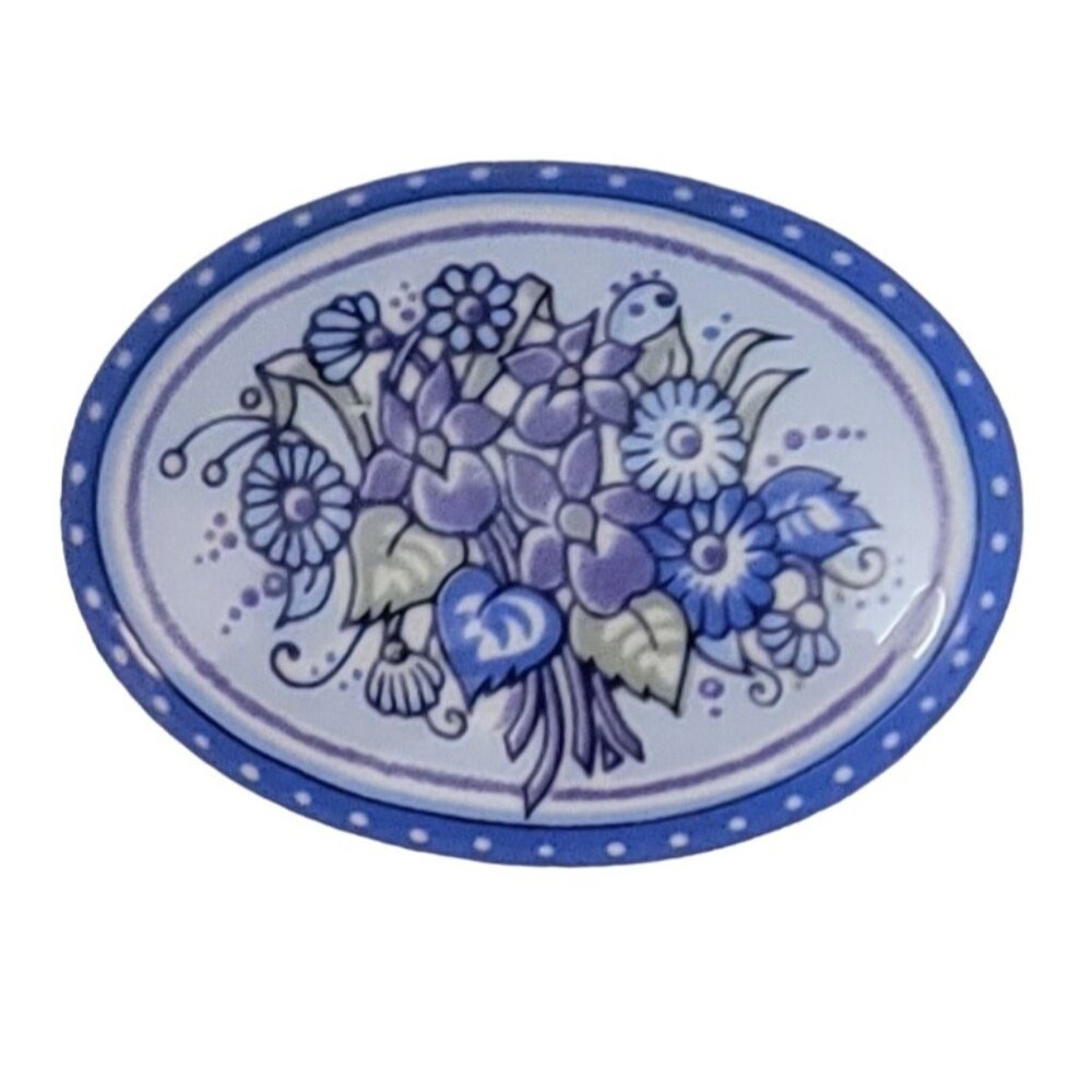 Michaela Frey Blue Enamel Flower Oval Brooch Pin, Signed M504